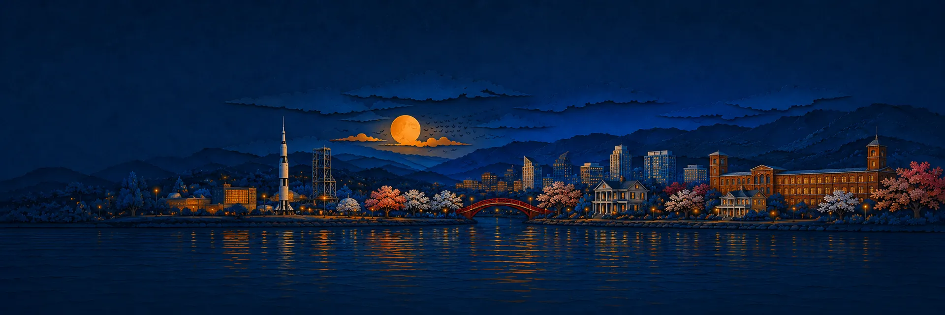 Paper cut illustration of Huntsville, Alabama landmarks