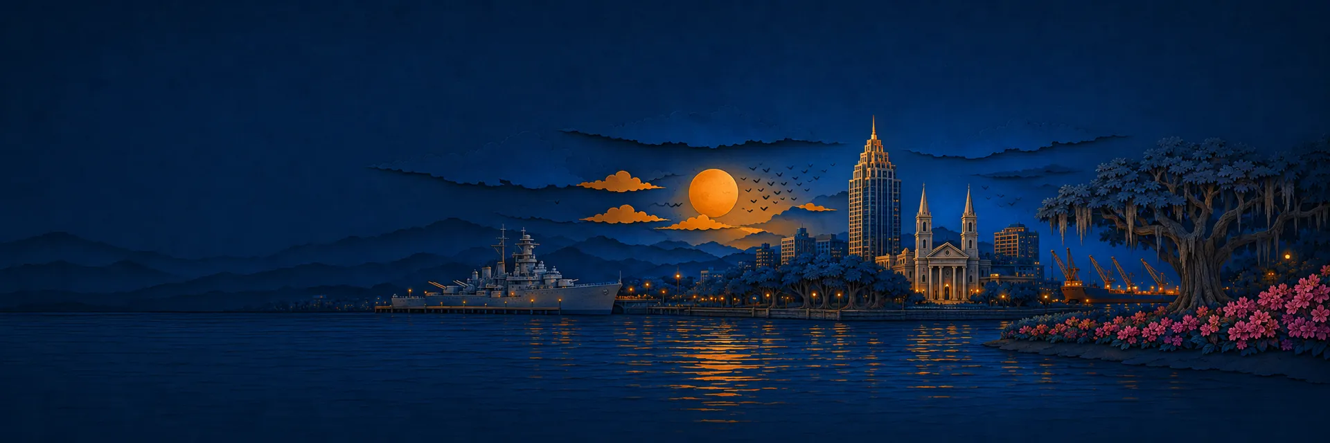 Paper cut illustration of Mobile, Alabama landmarks