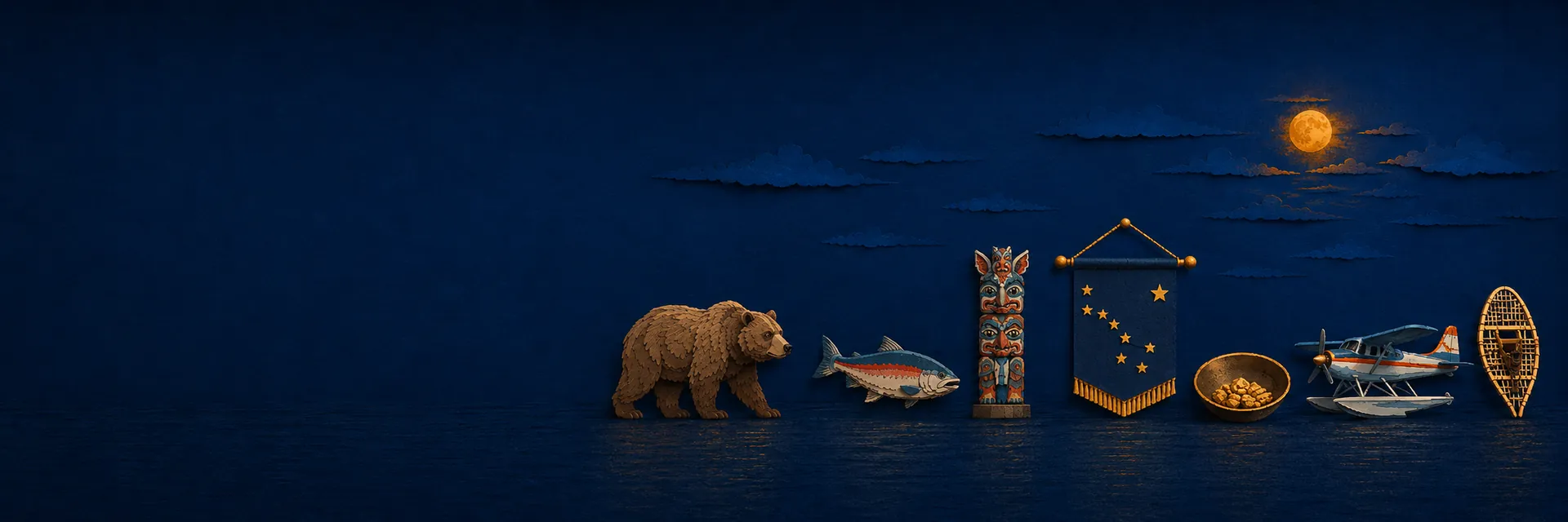 Paper cut illustration of Alaska state symbols
