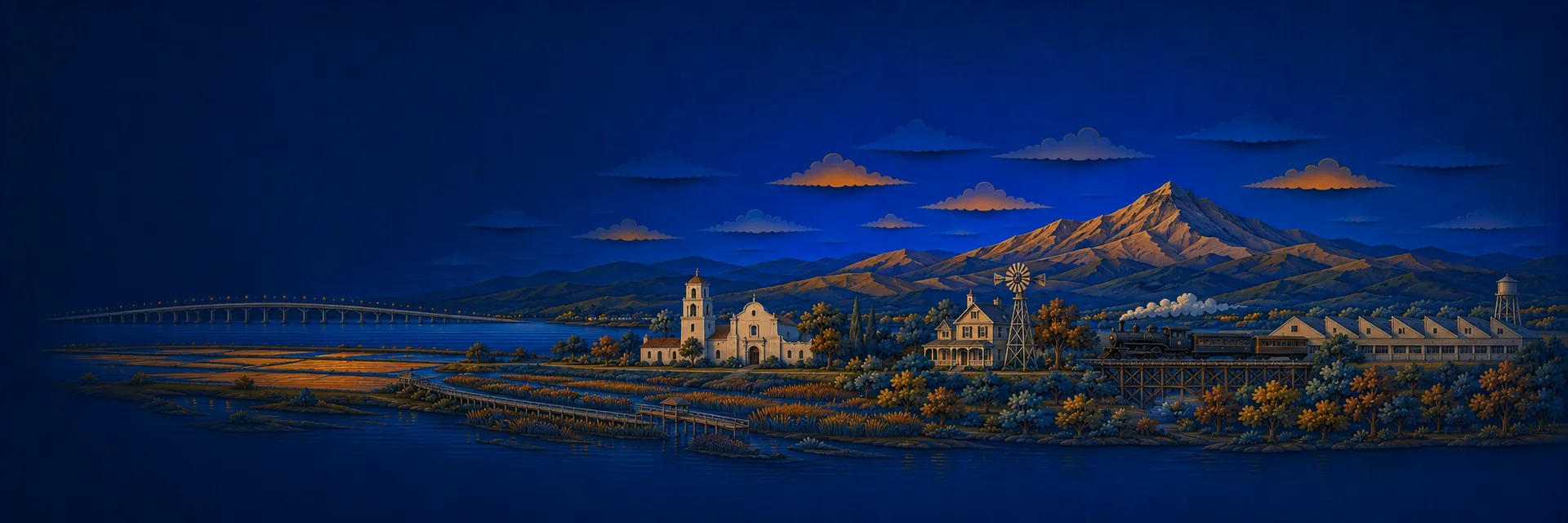 Paper cut illustration of Fremont, California landmarks