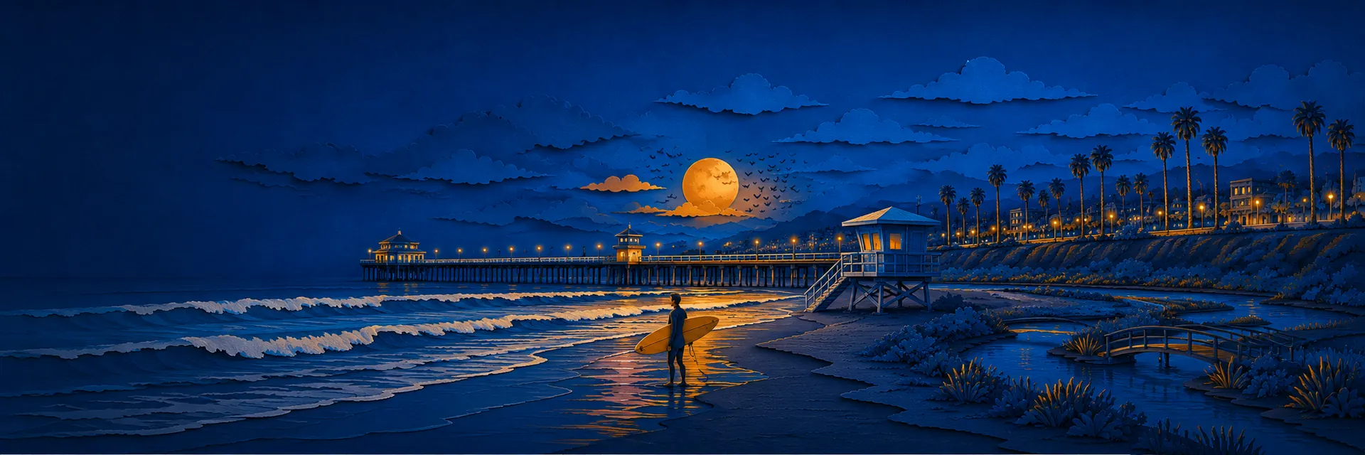 Paper cut illustration of Huntington Beach, California landmarks
