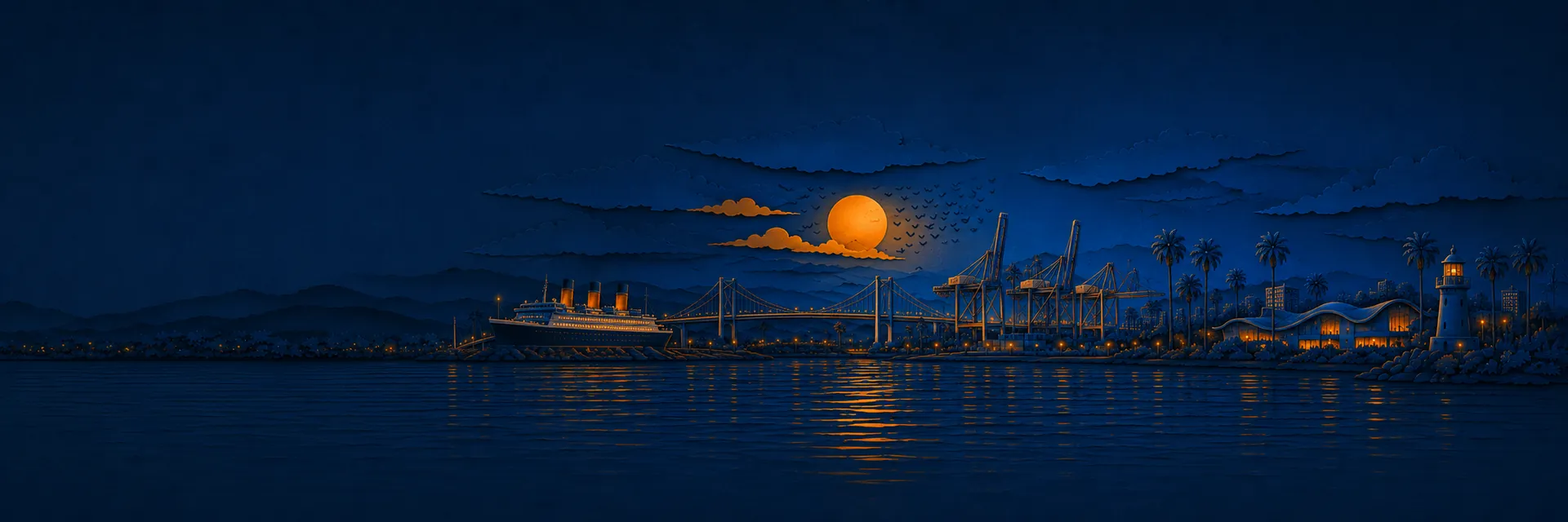 Paper cut illustration of Long Beach, California landmarks