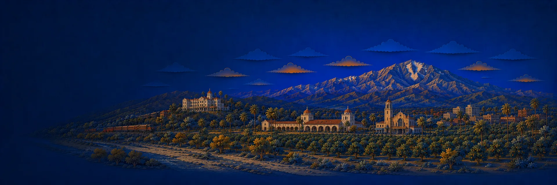 Paper cut illustration of San Bernardino, California landmarks
