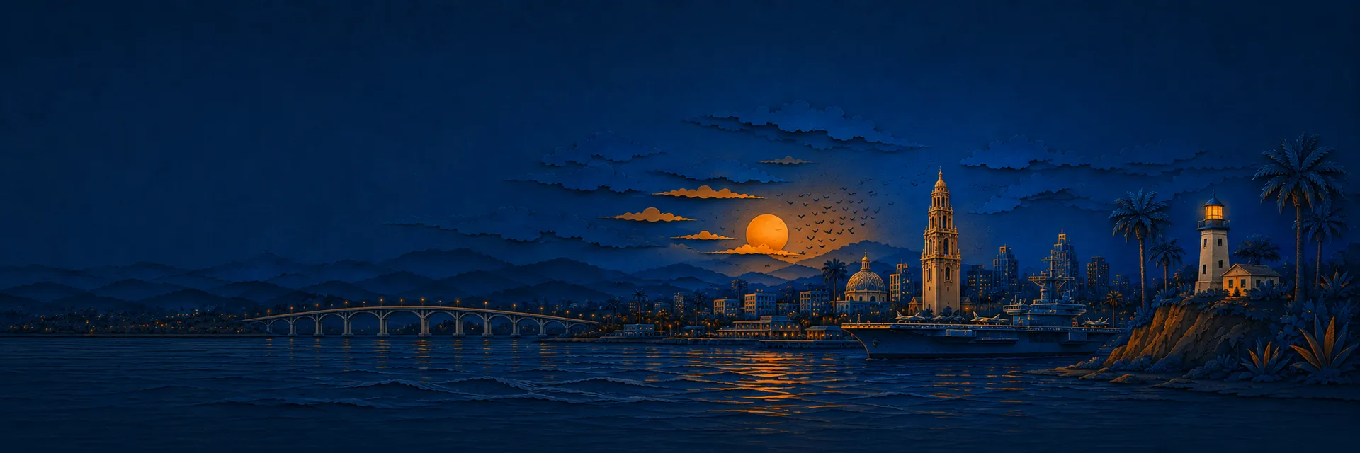 Paper cut illustration of San Diego, California landmarks