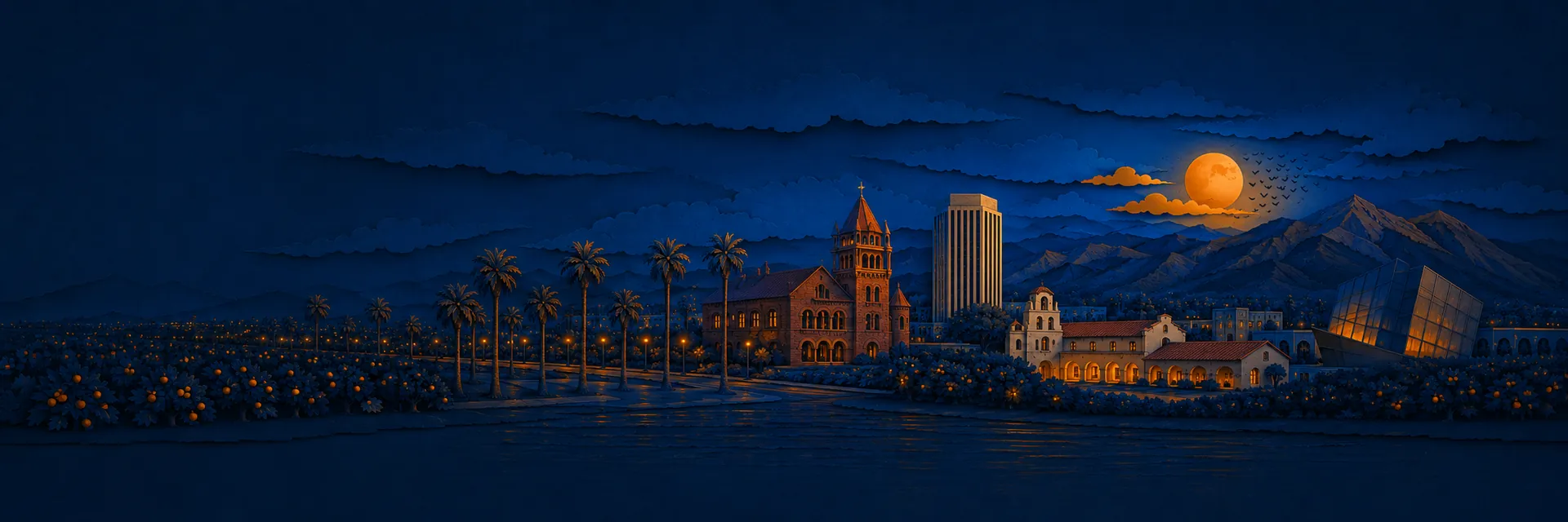 Paper cut illustration of Santa Ana, California landmarks