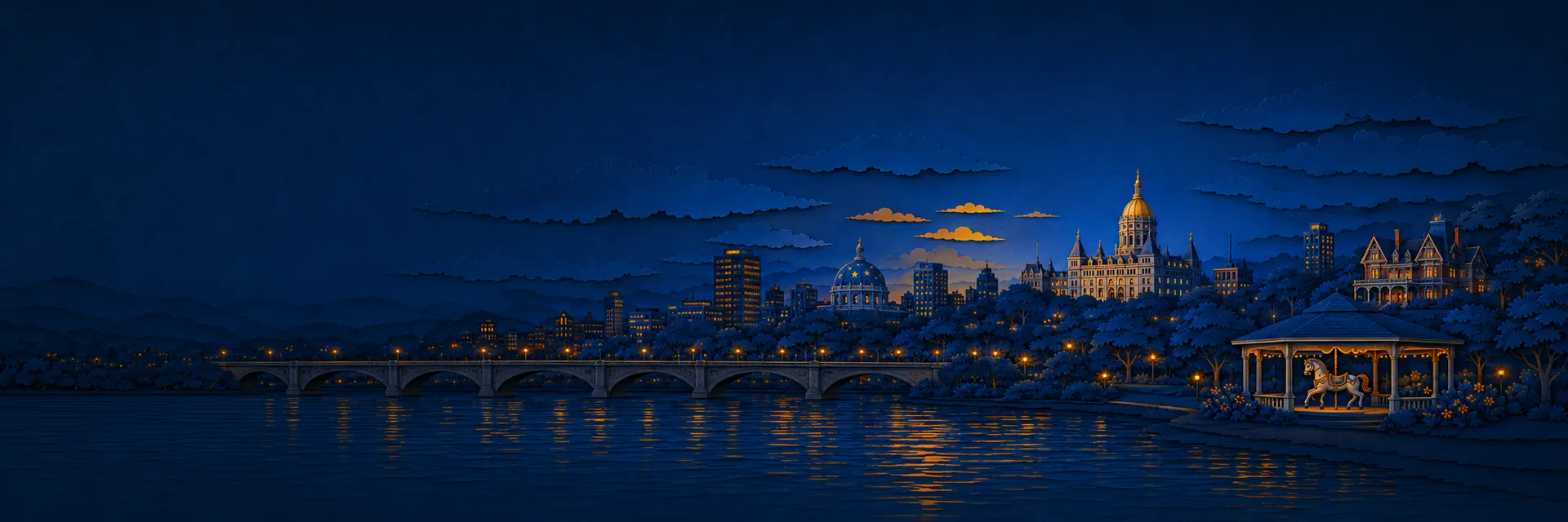 Paper cut illustration of Hartford, Connecticut landmarks
