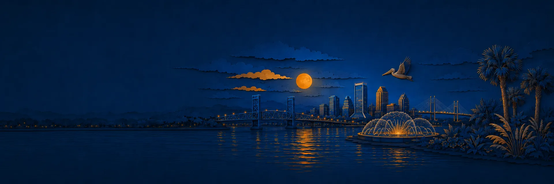 Paper cut illustration of Jacksonville, Florida landmarks