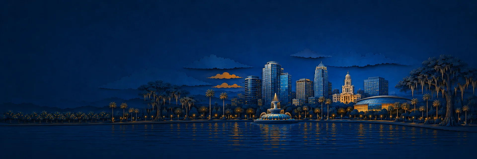 Paper cut illustration of Orlando, Florida landmarks
