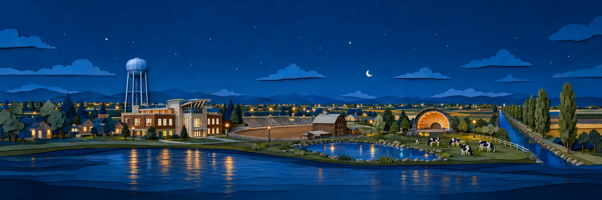 Paper cut illustration of Meridian, Idaho landmarks