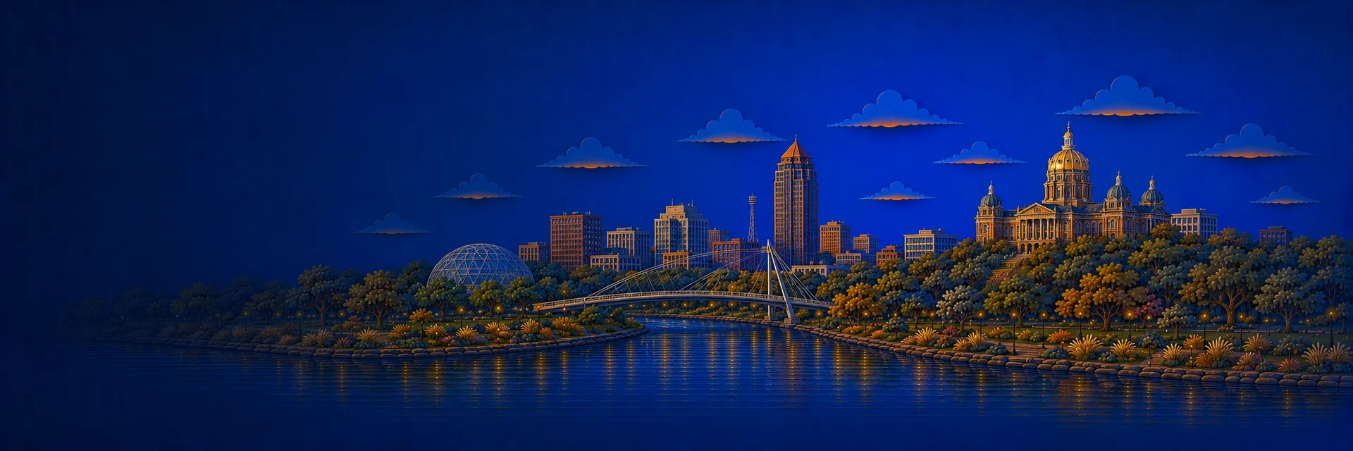 Paper cut illustration of Des Moines, Iowa landmarks
