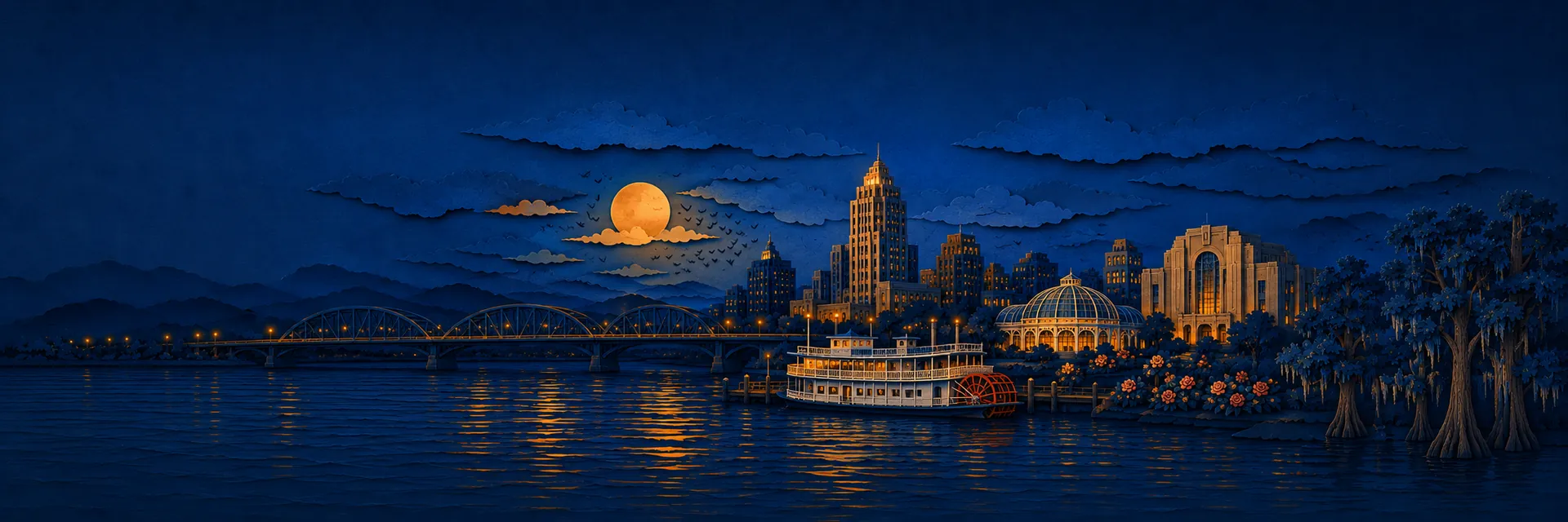 Paper cut illustration of Shreveport, Louisiana landmarks