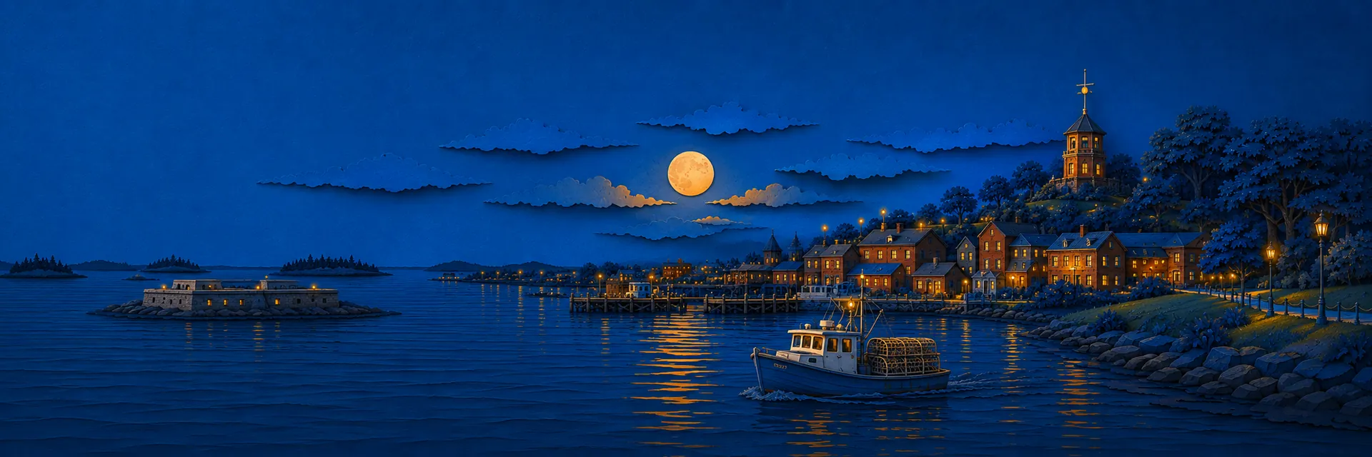 Paper cut illustration of Portland, Maine landmarks