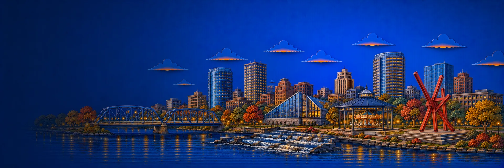 Paper cut illustration of Grand Rapids, Michigan landmarks