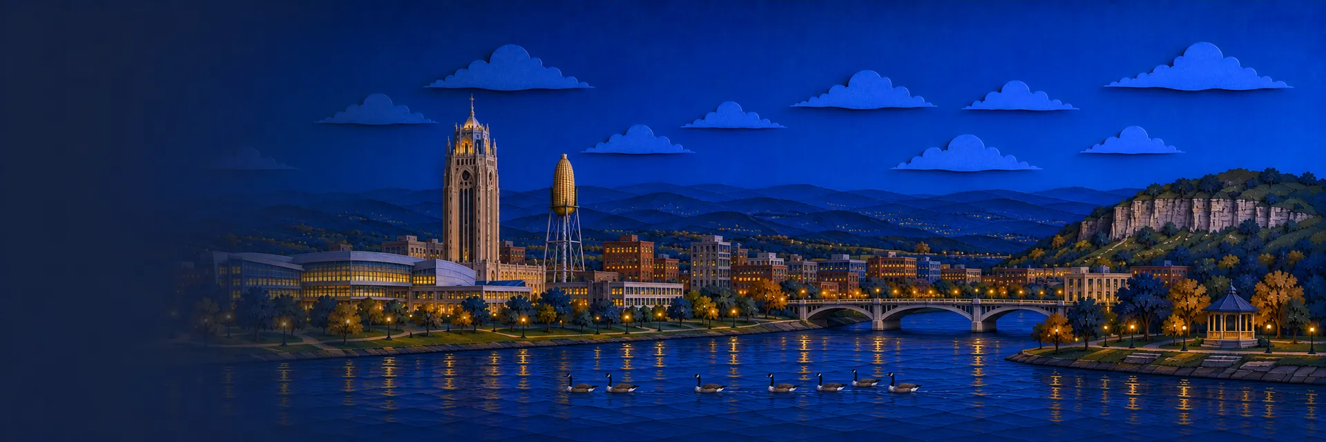 Paper cut illustration of Rochester, Minnesota landmarks