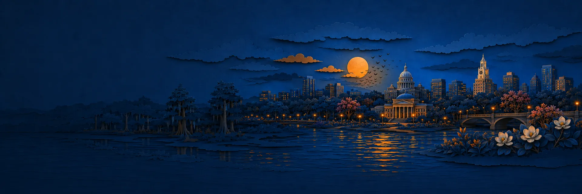 Paper cut illustration of Jackson, Mississippi landmarks
