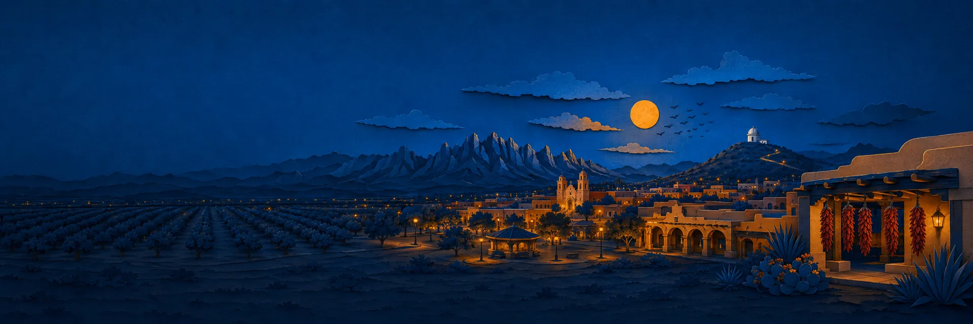 Paper cut illustration of Las Cruces, New Mexico landmarks