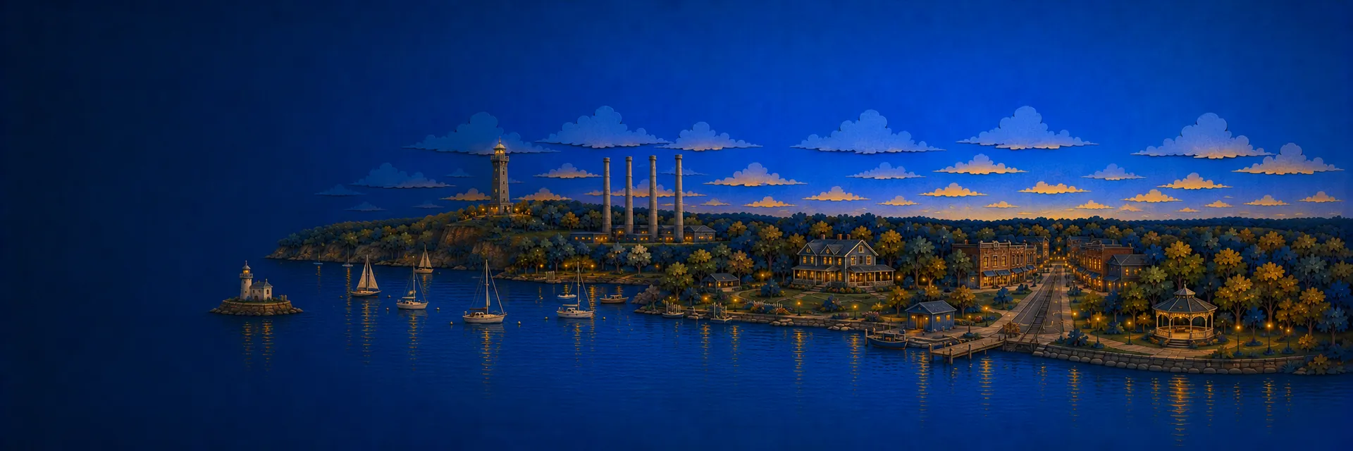 Paper cut illustration of Huntington, New York landmarks