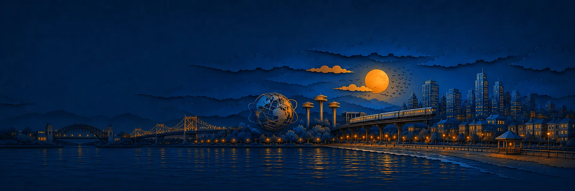 Paper cut illustration of Queens, New York landmarks