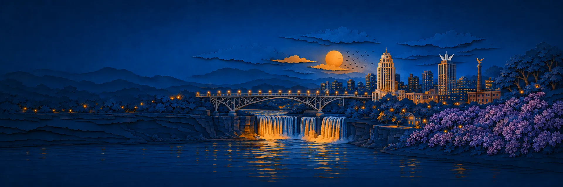 Paper cut illustration of Rochester, New York landmarks