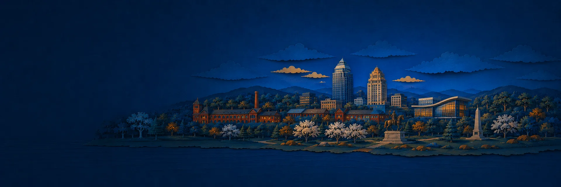 Paper cut illustration of Greensboro, North Carolina landmarks
