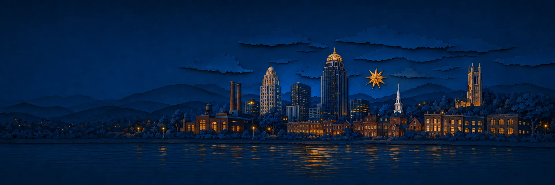 Paper cut illustration of Winston-Salem, North Carolina landmarks
