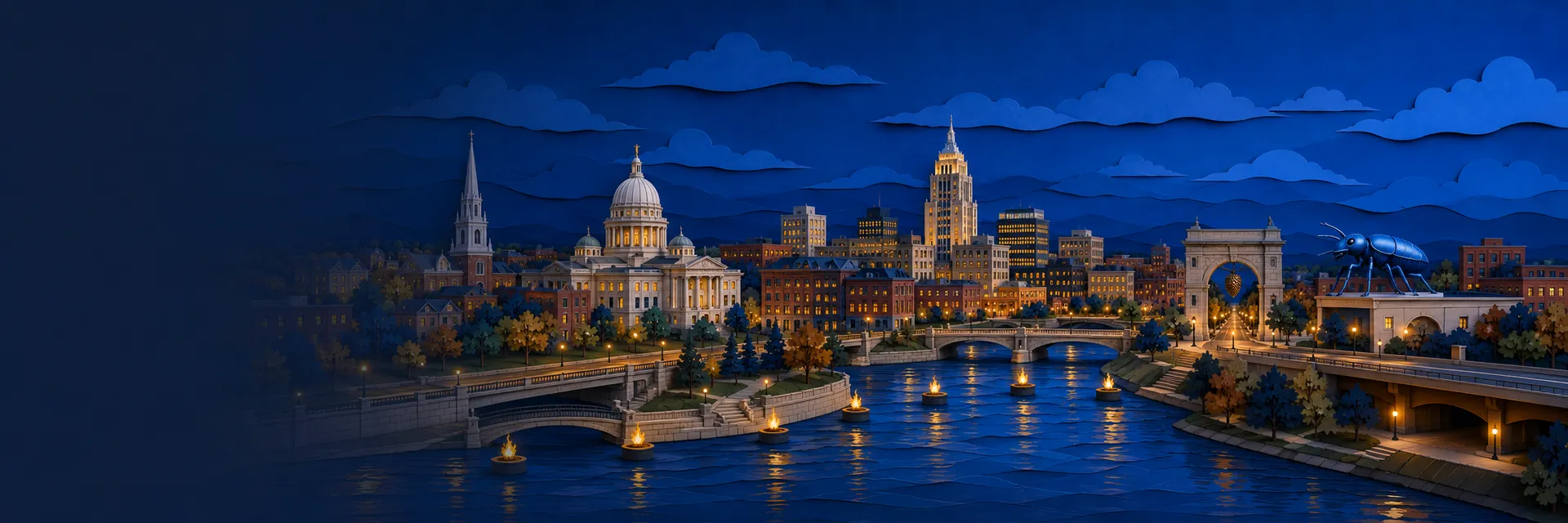 Paper cut illustration of Providence, Rhode Island landmarks
