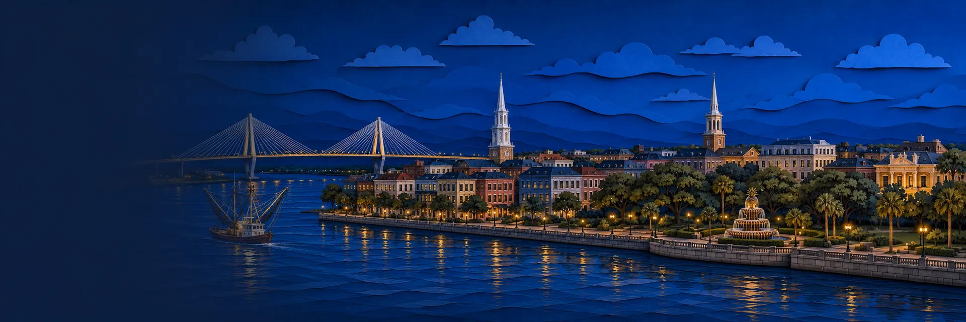 Paper cut illustration of Charleston, South Carolina landmarks