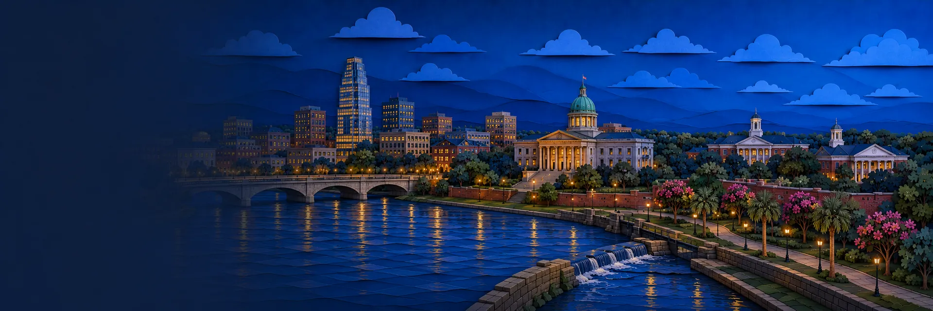 Paper cut illustration of Columbia, South Carolina landmarks