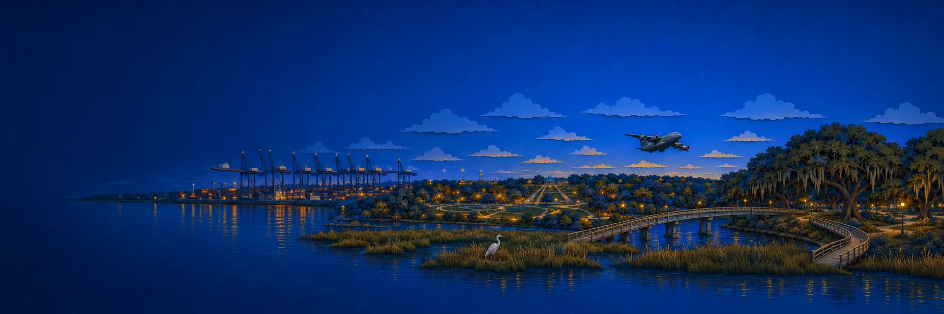 Paper cut illustration of North Charleston, South Carolina landmarks