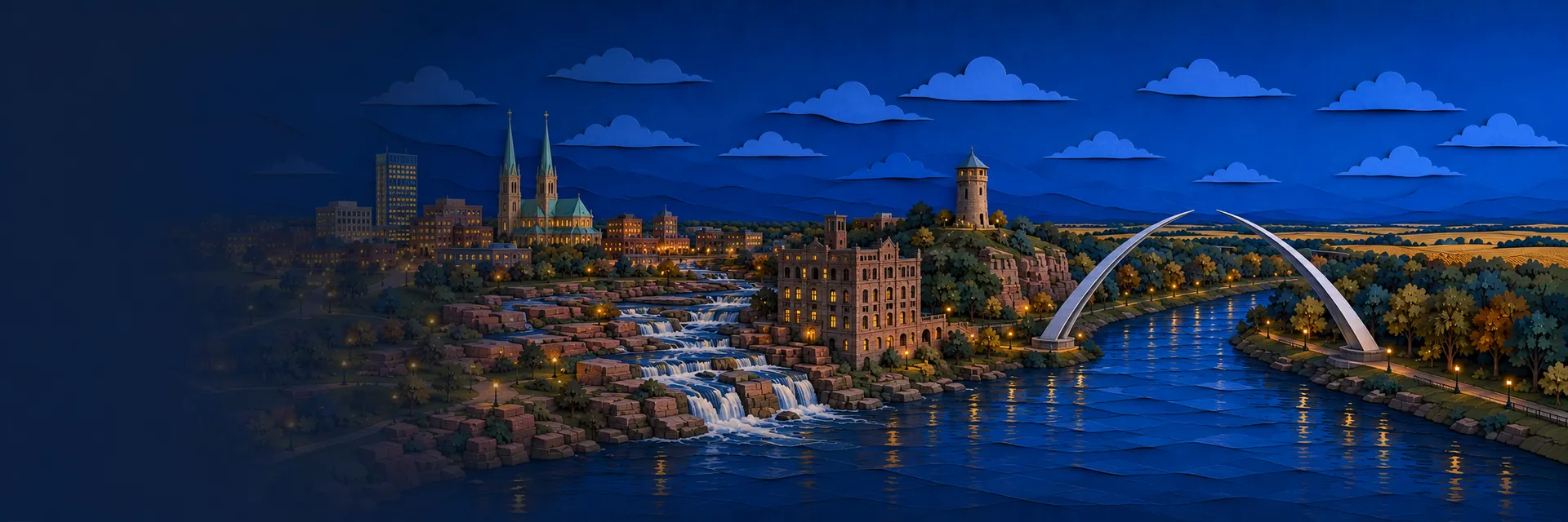 Paper cut illustration of Sioux Falls, South Dakota landmarks