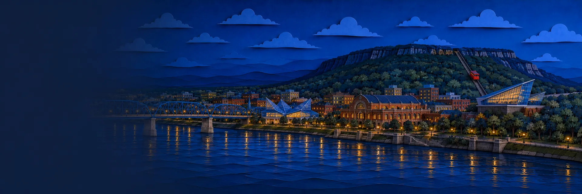 Paper cut illustration of Chattanooga, Tennessee landmarks