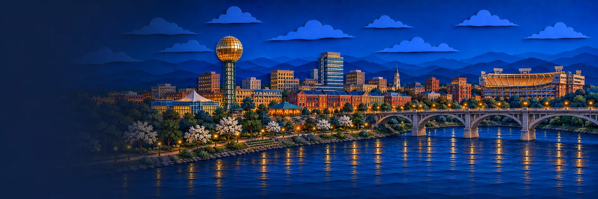Paper cut illustration of Knoxville, Tennessee landmarks
