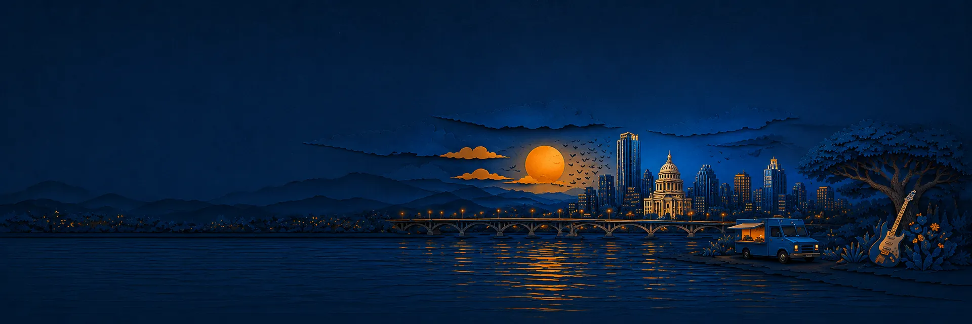 Paper cut illustration of Austin, Texas landmarks