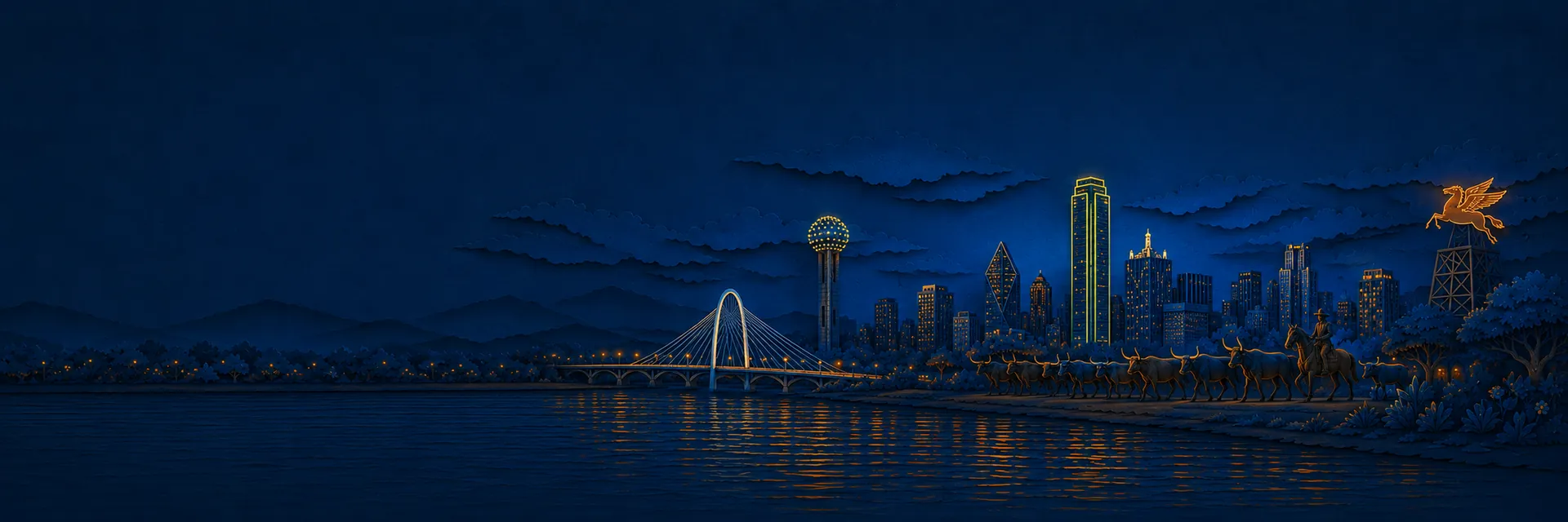 Paper cut illustration of Dallas, Texas landmarks