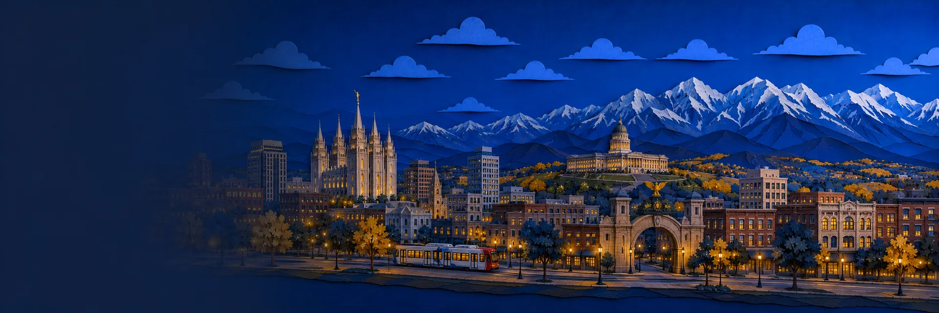 Paper cut illustration of Salt Lake City, Utah landmarks