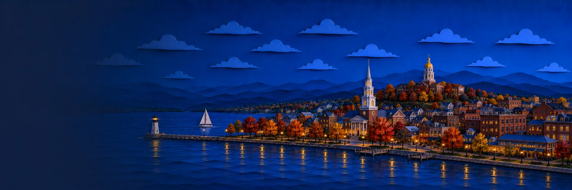 Paper cut illustration of Burlington, Vermont landmarks