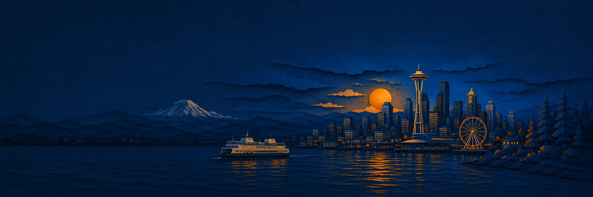 Paper cut illustration of Seattle, Washington landmarks