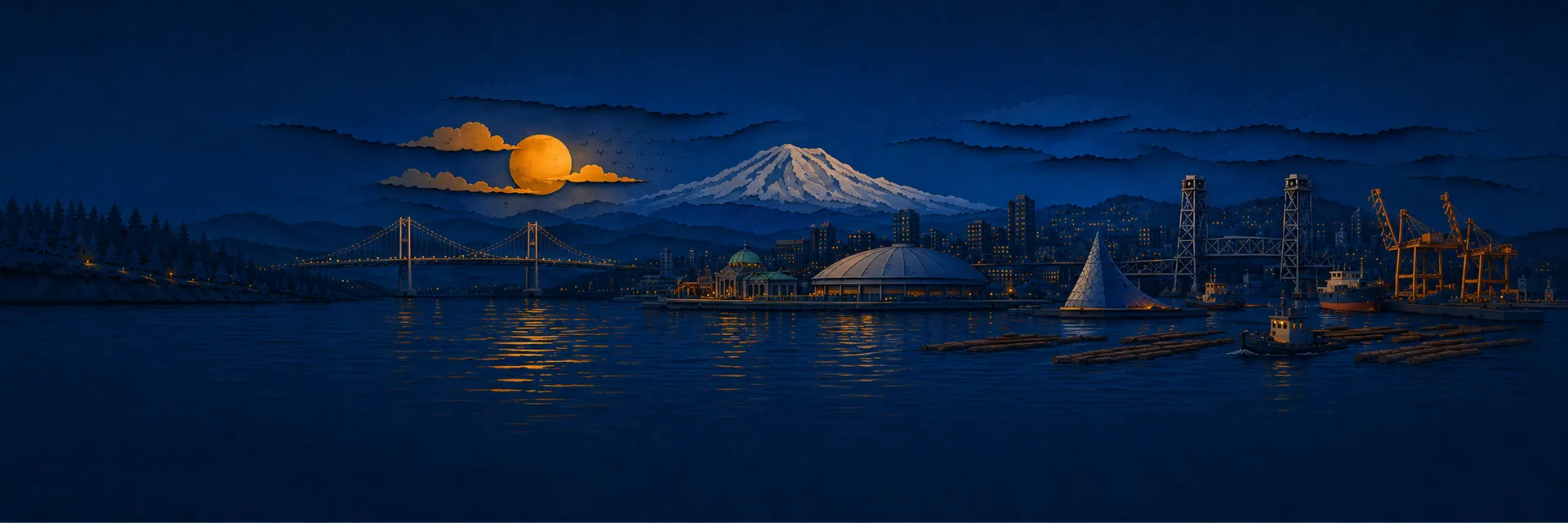 Paper cut illustration of Tacoma, Washington landmarks