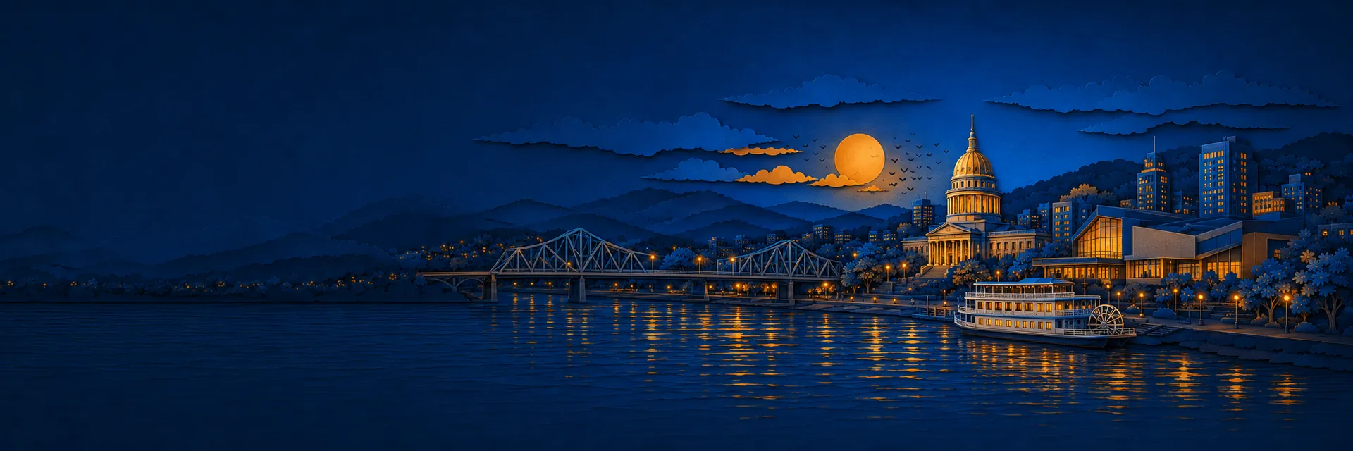 Paper cut illustration of Charleston, West Virginia landmarks